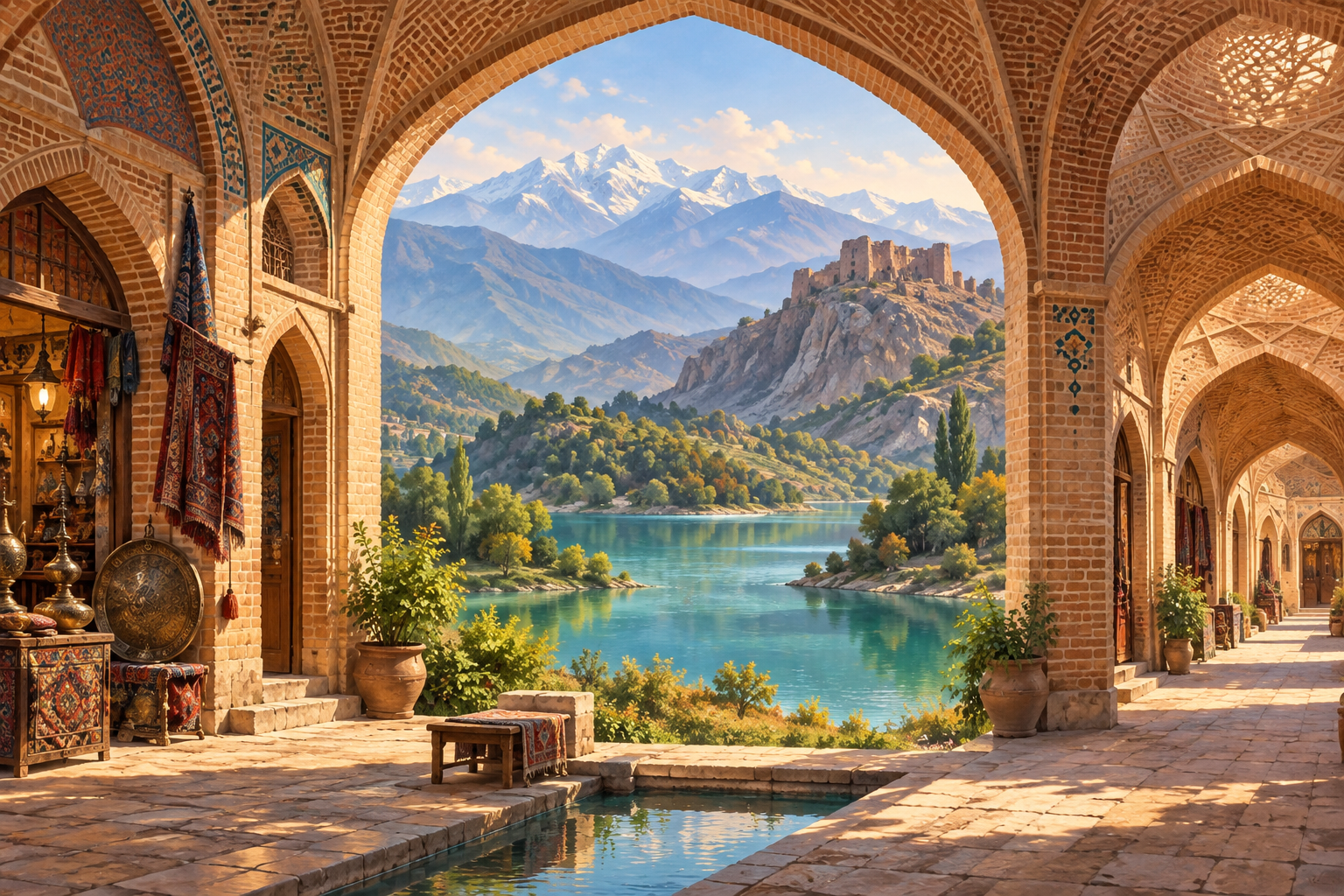 تصویرسازی هنری از سفر به قزوین با طاق‌های آجری، دریاچه و دژ کوهستانی
